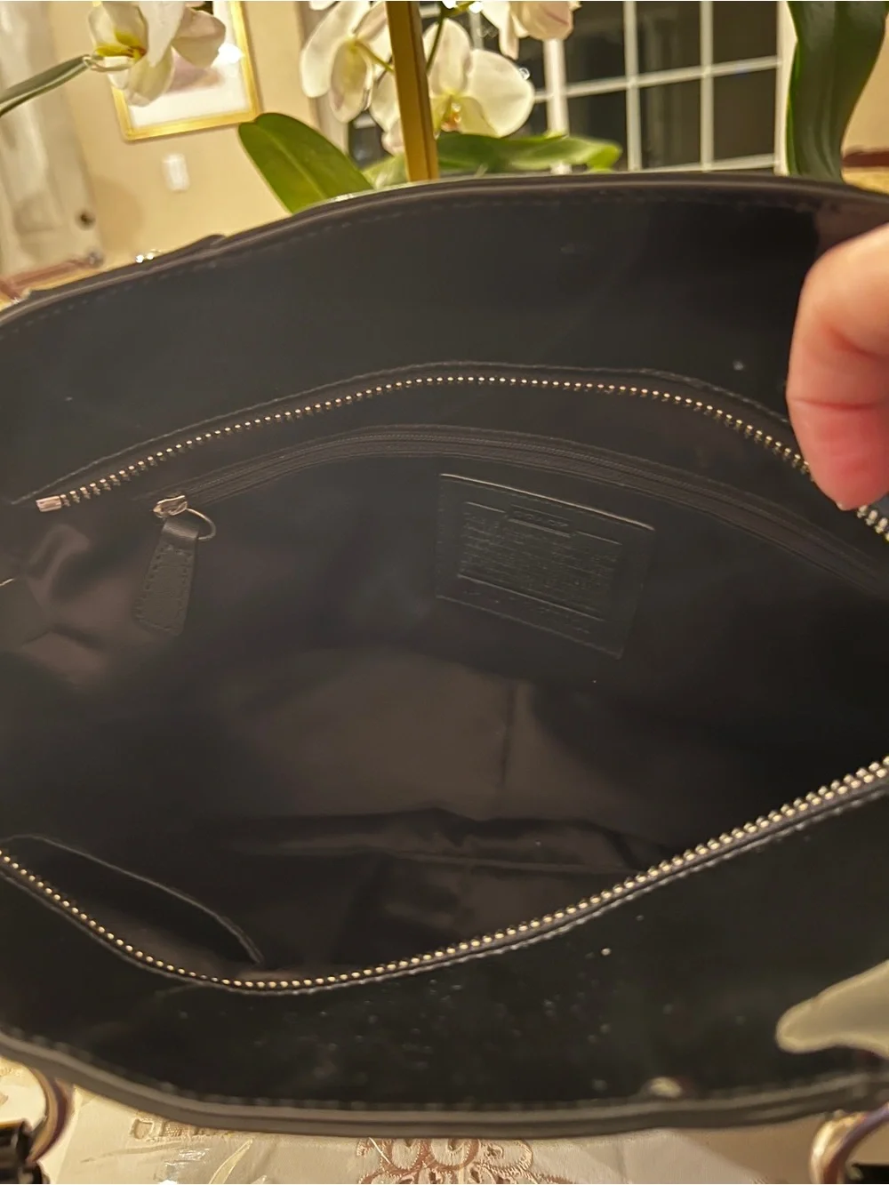 Coach Black Patent Embossed Signature Tote | Glossy Shoulder Bag Silver Hardware